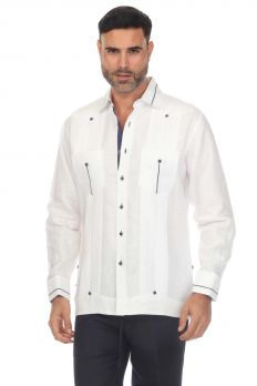 Men's 100% Linen  Chacabana Shirt Long Sleeve with Contrast Accent Trim
